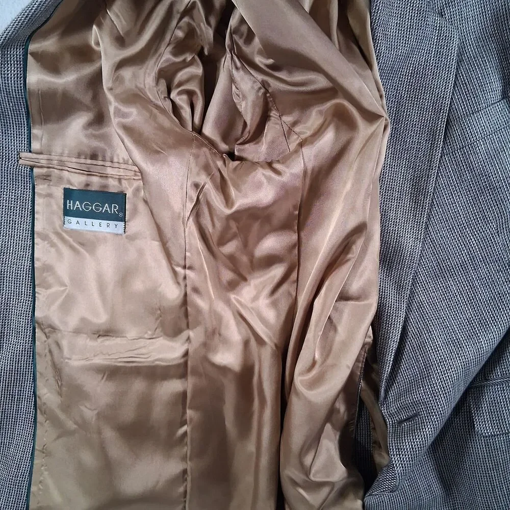 Haggar Brown Basketweave Tweed Wool Sport Coat Blazer Jacket Academia VTG